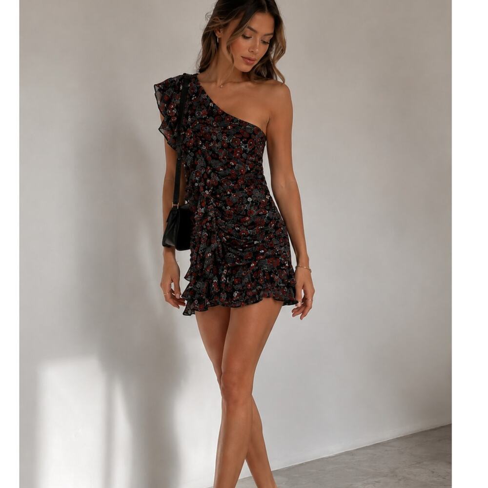 Veronica Beard Ruffled One Shoulder Mini Dress Womens 4 Ballard Blue Red Floral